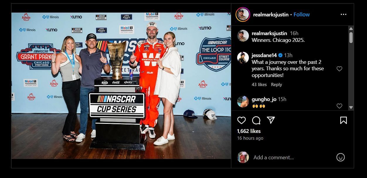 Shane van Gisbergen's girlfriend, Jessica Dane, replied to Justin Marks's post. Source: @jessdane14 via Instagram